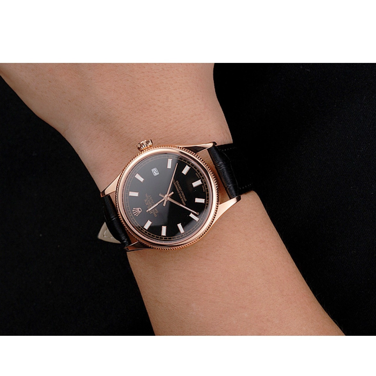 AAA replica watch Black Datejust Case Rose Black Swiss Leather Rolex Gold Dial Strap 0603